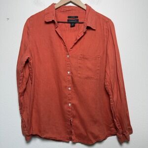 Tahari Women 100% Linen Button Front Top Large  Orange Parisian Coastal Lagenloo